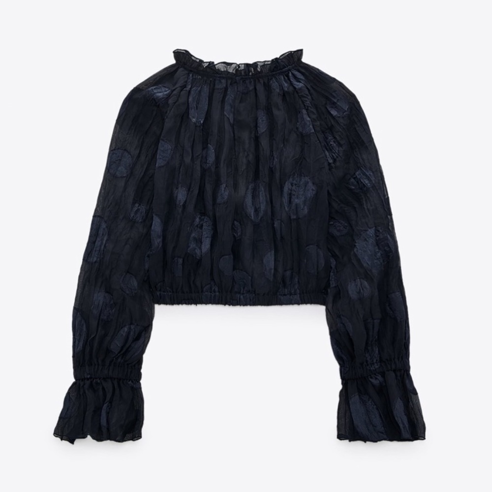 New ZARA Cropped Sheer Polka Dot Blouse Long Sleeve Navy Blue Size M